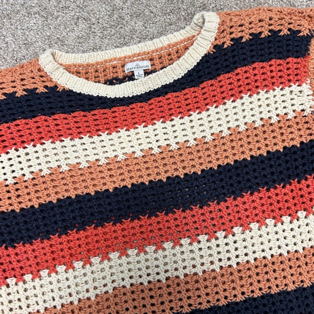 L.L. Bean Signature Crochet Sweater Women Large Striped Crewneck Knit Gorpcore
